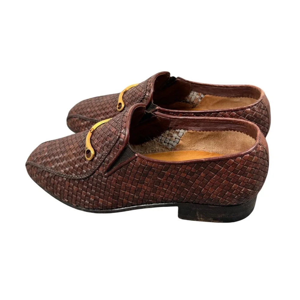 A. Testoni Brown Leather Woven Horse Gold Bit Men's Loafers Size UK5 Us 6 G